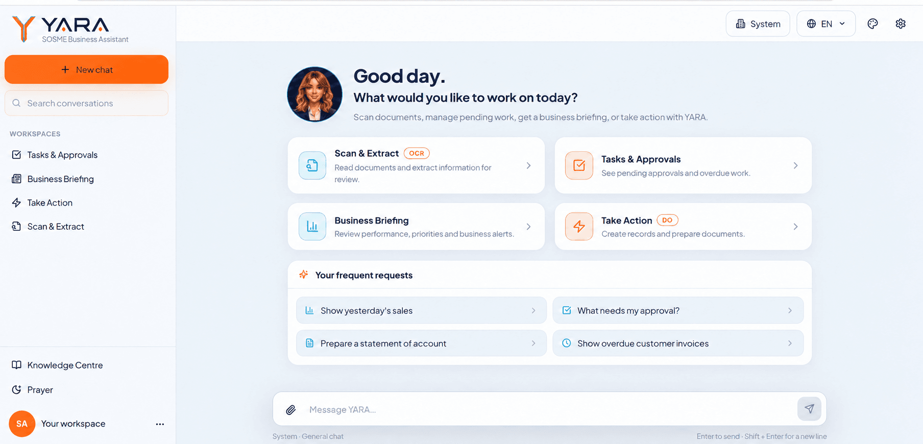 YARA workspace showing Scan & Extract, Tasks & Approvals, Business Briefing and Take Action